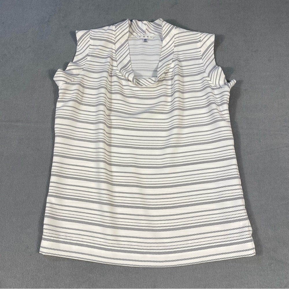 CAbi Women’s White with Black Striped Blouse, Sleeveless, Relax Fit, size XS